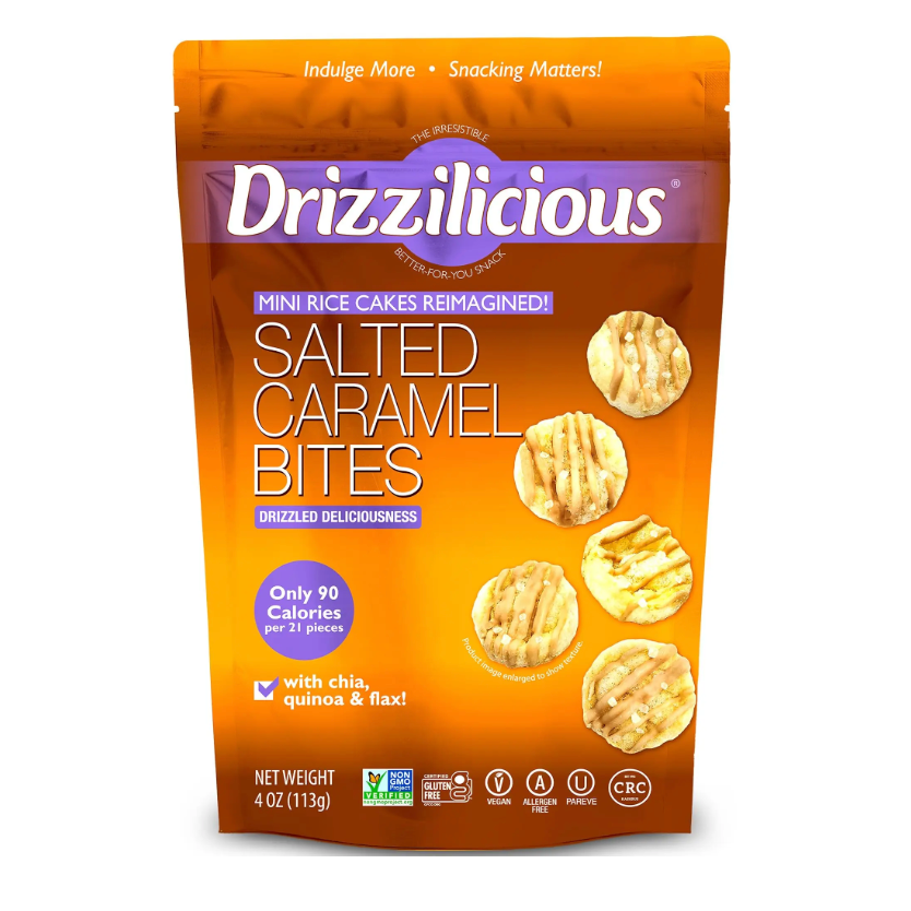 Packaging of Drizzilicious Salted Caramel Bites on a white background