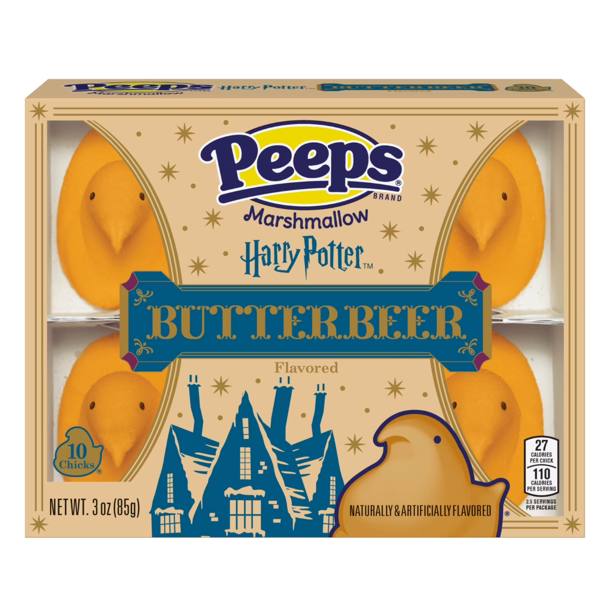 Peeps Marshmallow Butterbeer packaging with Harry Potter theme

