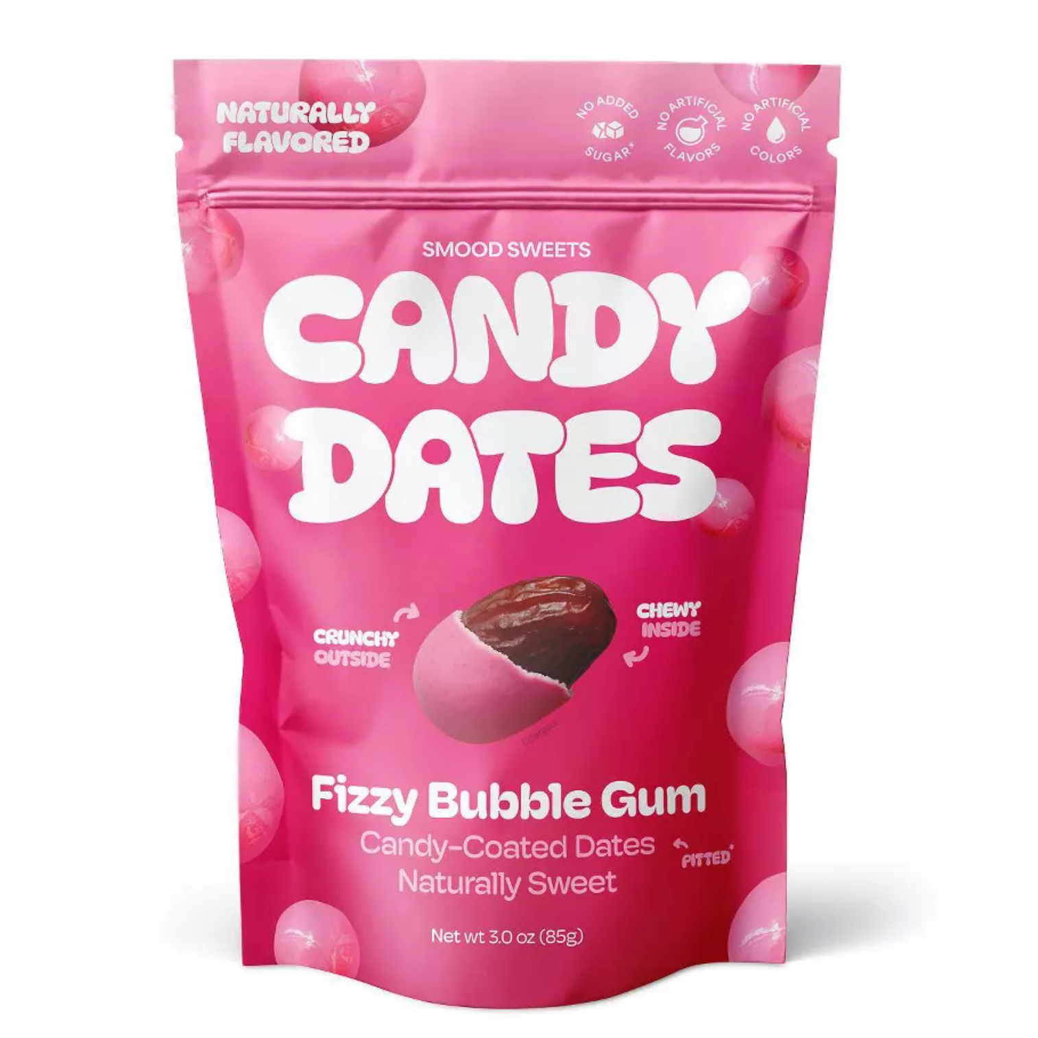 Pink package of Candy Dates with text on a white background