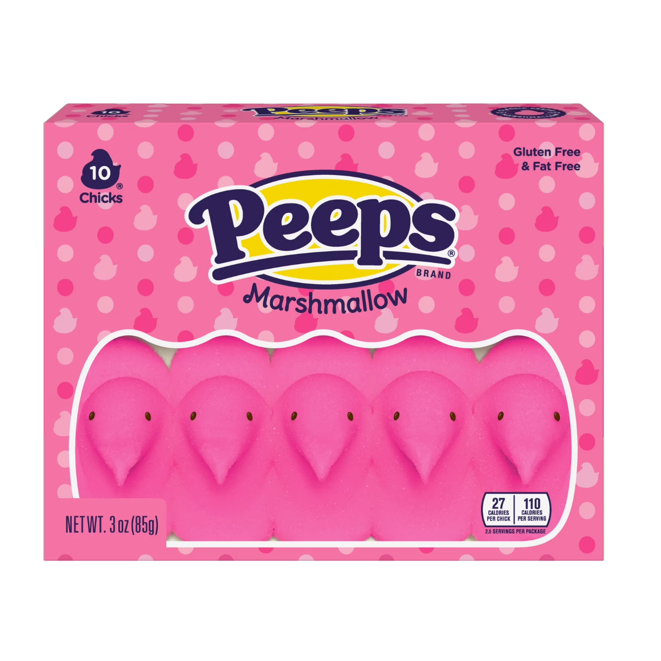Pink packaging of Peeps marshmallow chicks with a polka dot pattern on a white background