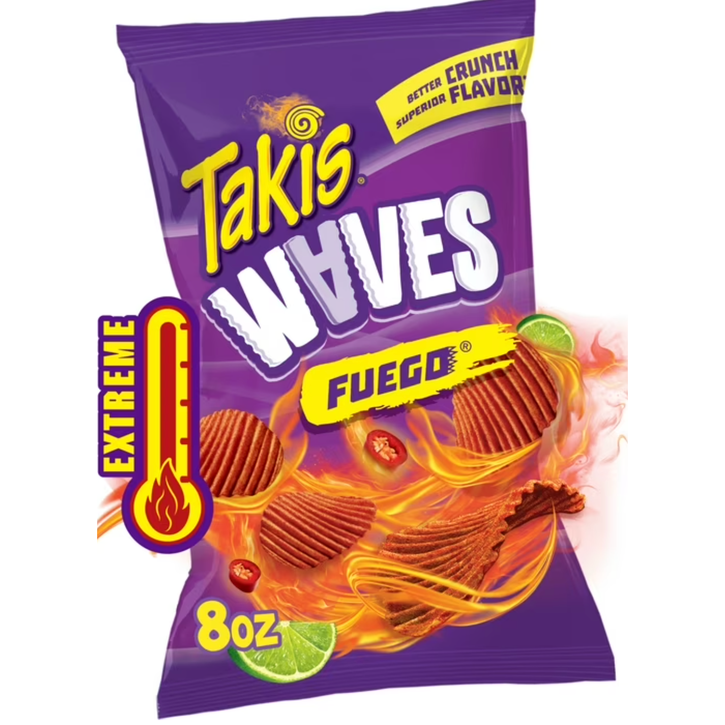 White Smoke Takis Fuego Waves – Hot Chilli Pepper Lime Wavy Potato Chips (227 g Sharing Bag)