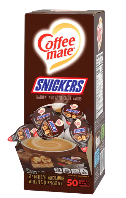 Coffee Mate Snickers Non-Dairy Creamer Tubs – Chocolate, Caramel, Peanut Sweetness in Every Cup (50 x 11 ml Tubs)
