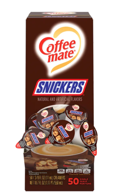 Coffee Mate Snickers Non-Dairy Creamer Tubs – Chocolate, Caramel, Peanut Sweetness in Every Cup (50 x 11 ml Tubs)