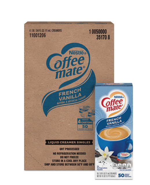 Coffee Mate Liquid Creamer Singles – Smooth, Sweet; Classic French Vanilla (50 x 11 ml Tubs)