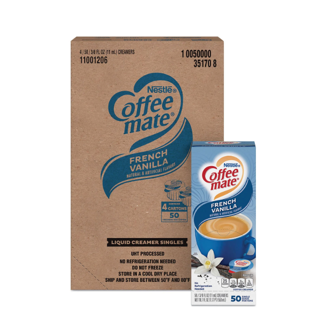 Coffee Mate Flüssig-Kaffeeweißer, einzeln verpackt – Cremig, süß; Klassische französische Vanille (50 x 11 ml Dosen)