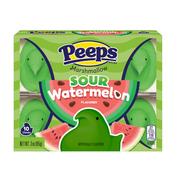 Box of Peeps Sour Watermelon flavored marshmallow chicks on a white background

