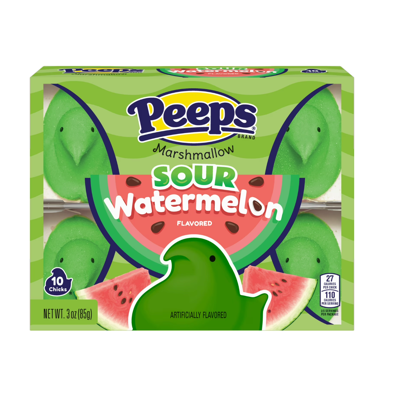 Box of Peeps Sour Watermelon flavored marshmallow chicks on a white background


