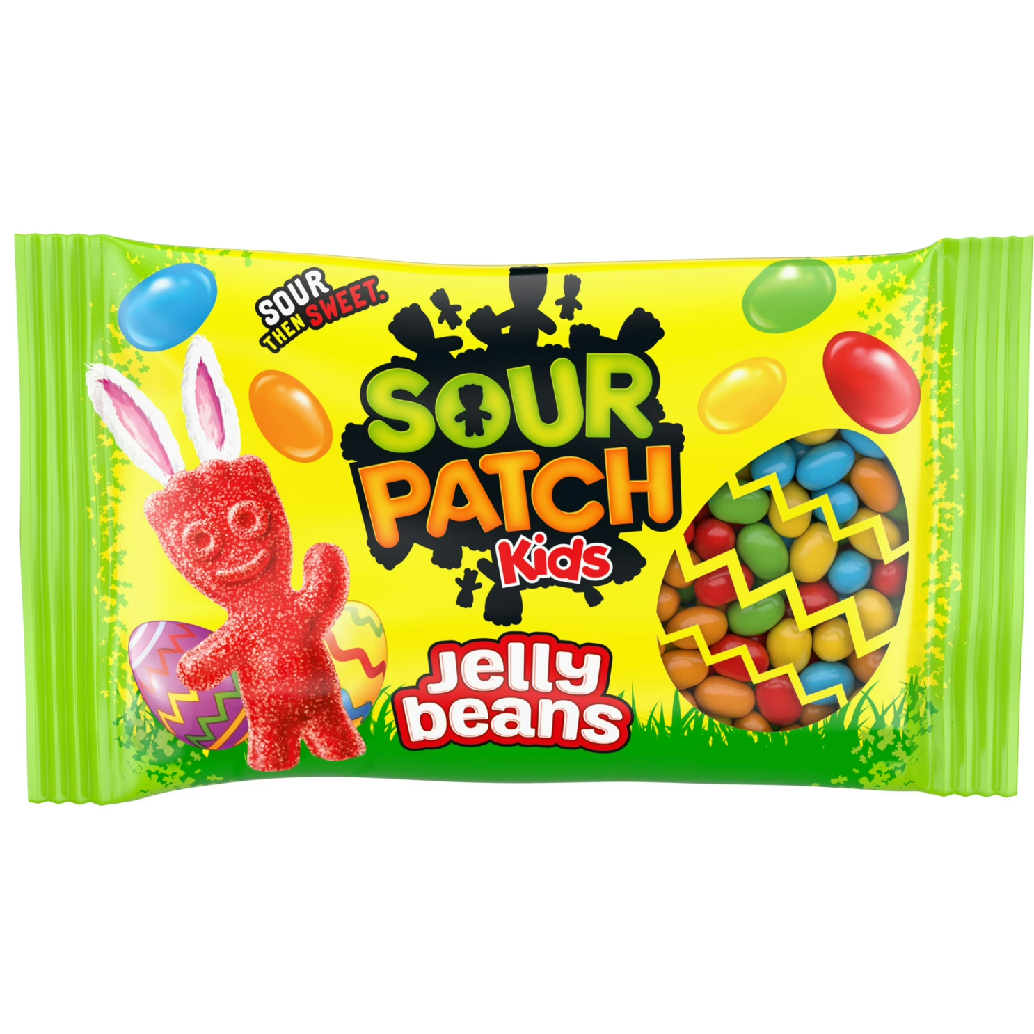Sour Patch Kids Jelly Beans packaging with colorful jelly beans and a cartoon character on a yellow background.