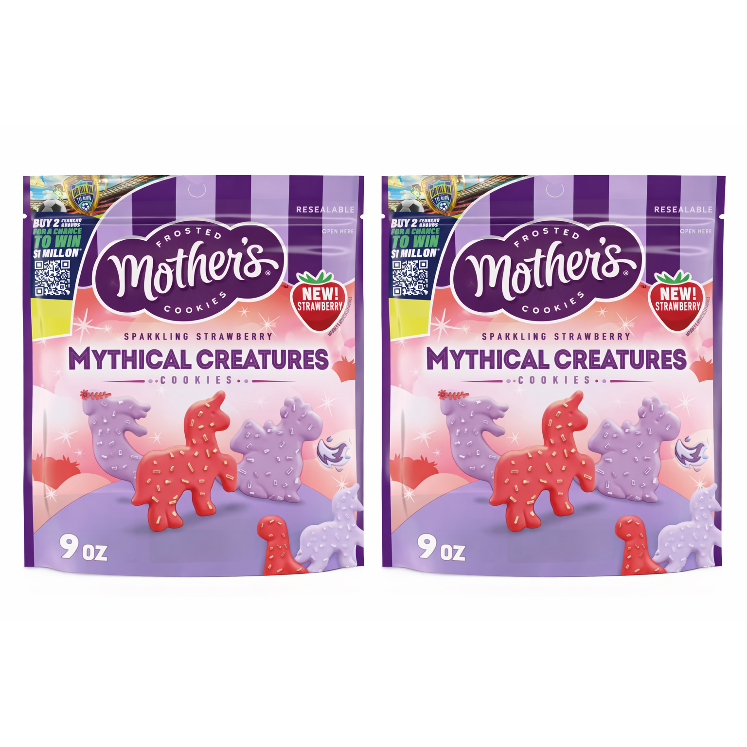 Two packages of Mother's Cookies with mythical creature design on a white background