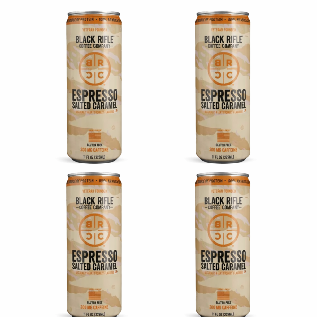 Four cans of Black Rifle Coffee Company Espresso Salted Caramel on a white background
