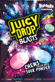 Juicy Drop Blasts candy package with colorful design and product images.